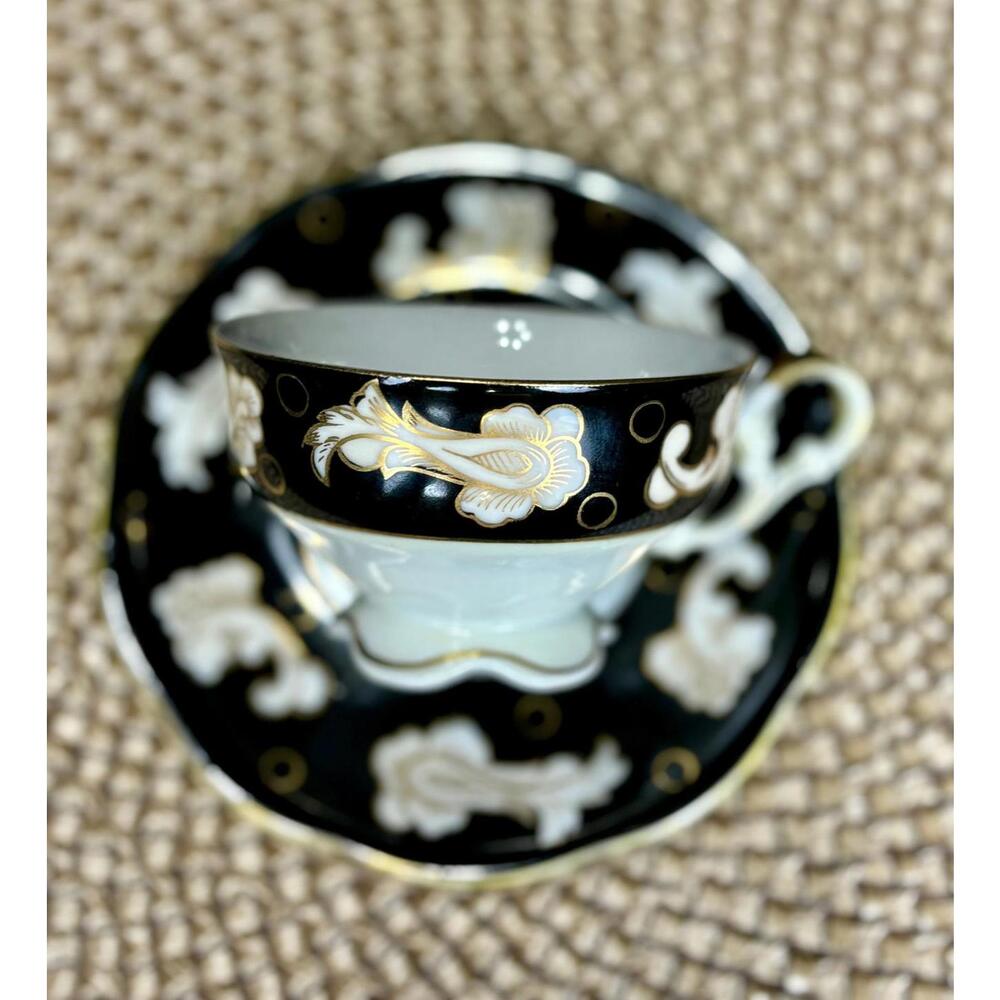 Elegant Vintage Shafford Japan Tea Cup & Saucer | Hand Painted Black Gold